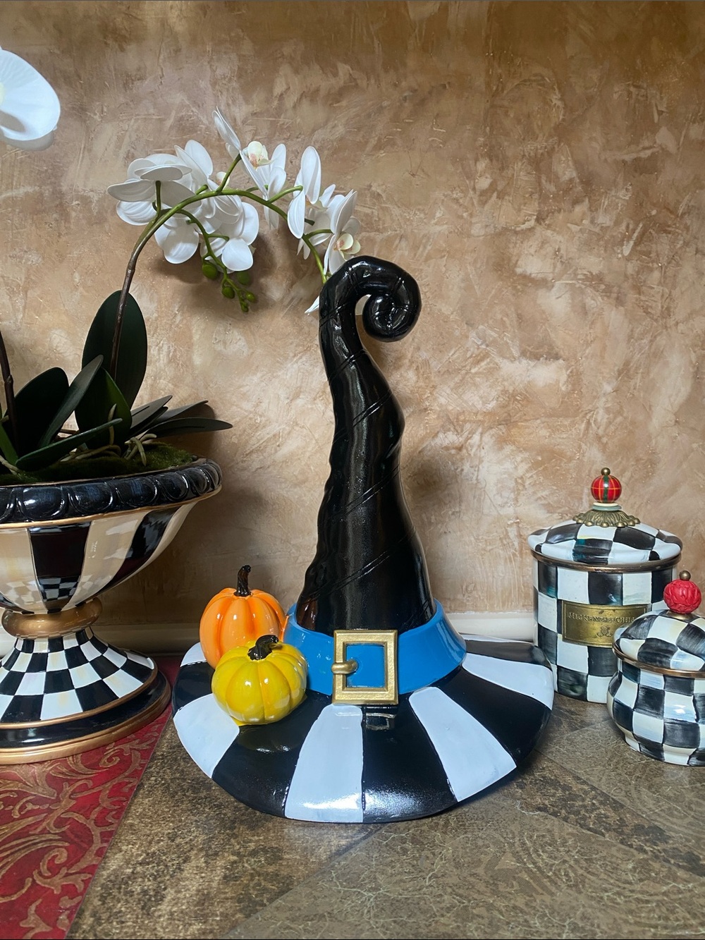 Mackenzie Childs Inspired Whimsical Black Witch Hat Pumpkin Decor with Blue Belt
